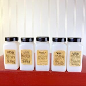 Vintage MCM Set of 5 Griffith Lab Milk Glass Lidded Spice Jars Black Caps